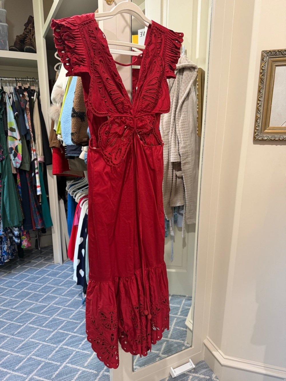 FARM Rio Red Eyelet Midi Dress with Tie Waist and Ruffle Sleeves